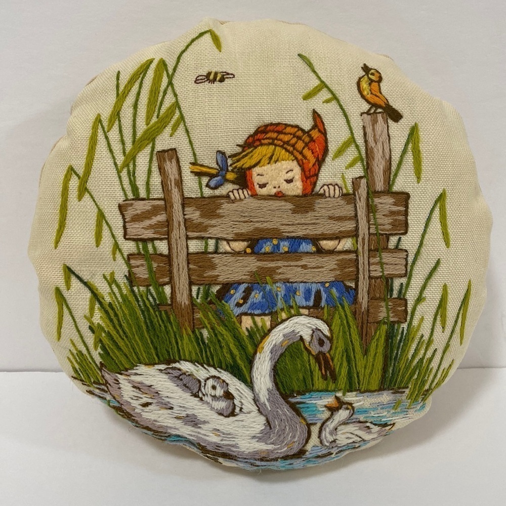 Vintage 60's/70's Fully Embroidered Mini Accent Pillow "Girl by the Duck Pond"